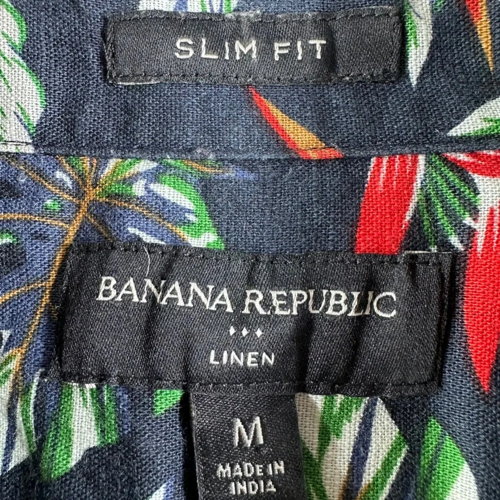 Banana‎ Republic Button Up Mens M Medium Blue Tropical Floral Linen Cotton Slim